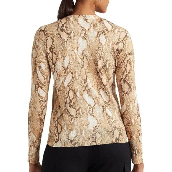 LAUREN Ralph Lauren Tan Snakeskin Print Cotton-Blend Cardigan Size Small New - Picture 6 of 9